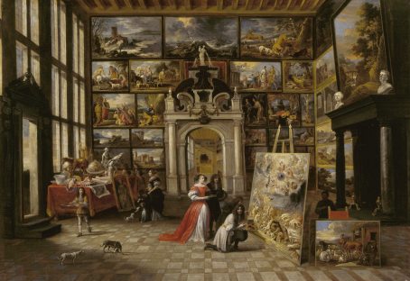 A PICTURE GALLERY WITH FASHIONABLE VISITORS by H Janssens 1624-1693 at Uppark, West Sussex