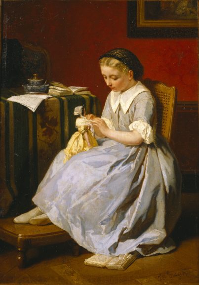 GIRL IN BLUE DRESSING A DOLL by James Crayer (Dutch, nineteenth century) at Standen, East Grinstead, West Sussex