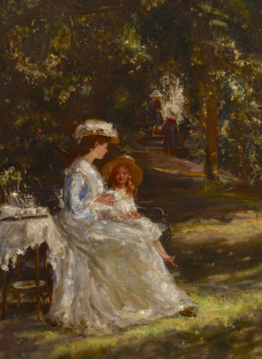 Tea in the Garden or The Tea Table (Mrs. M.M. (Mary Maud) Foot and her three children in the garden of Church House, Pulborough, West Sussex) by Dame Ethel Walker, RA (Edinburgh 1861 ¿ London 1951)